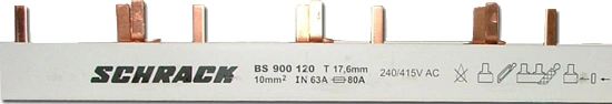 Baretă de alimentare 3 poli, pini, L=1m, 10 mm², Pas=17.8 mm
