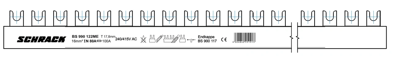 Baretă cu contacte furcă, 16 mm², L1/L2/L3/N, 4 poli, 1m