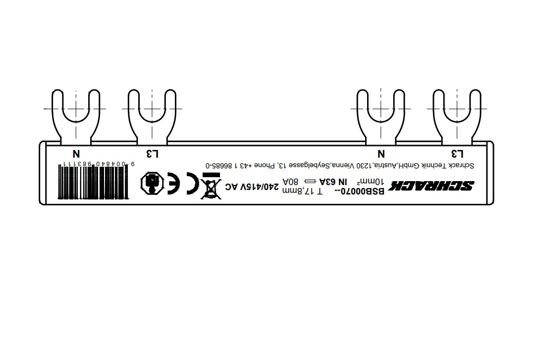 Busbar, 2-pole, L3, 1xRCCB 4-pole to 1xRCBO 1+N, 6MW, 10mm²