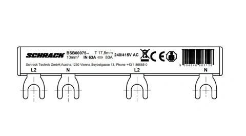 Busbar, 2-pole, L2, 1xRCCB 4-pole to 1xRCBO 1+N, 6MW, 10mm²