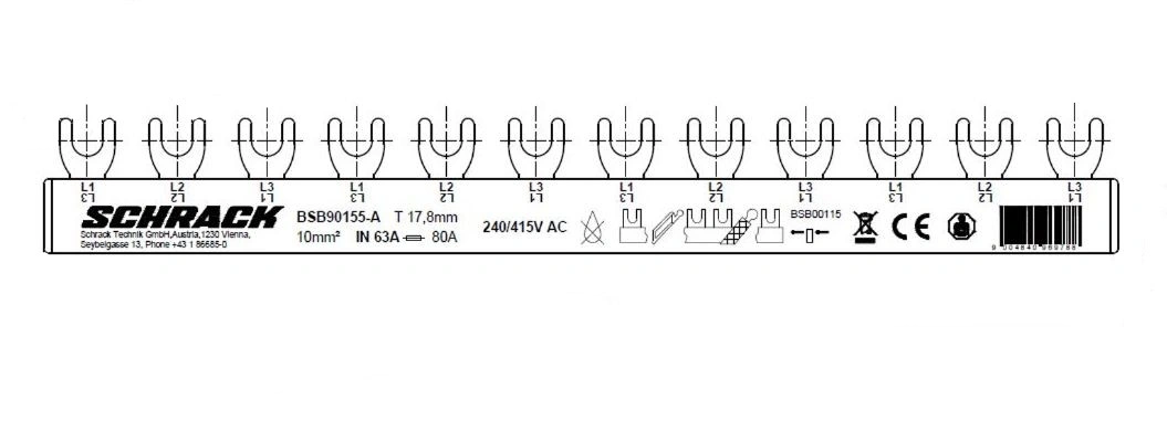 Busbar, 12x MCB 1-pole or 4x MCB 3-pole, 12 MW, 10 mm²