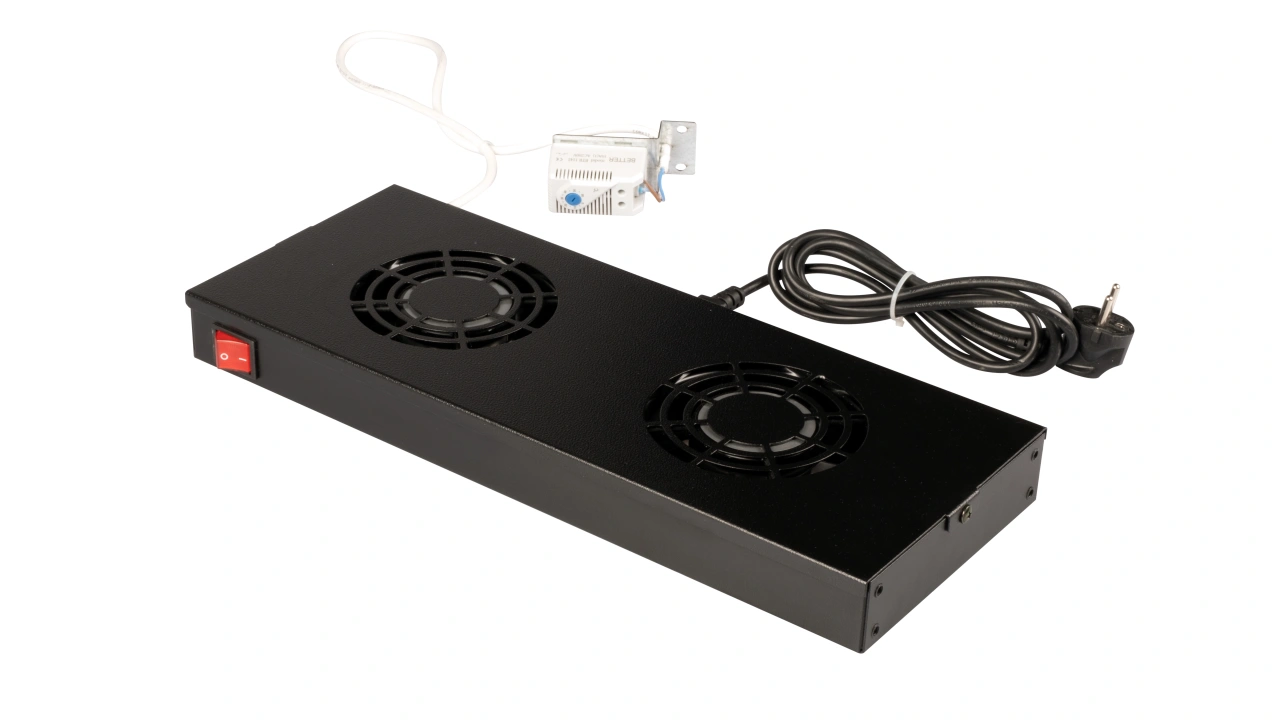 Placă 19" cu 2 ventilatoare, 1U, analogic, negru RAL 9005