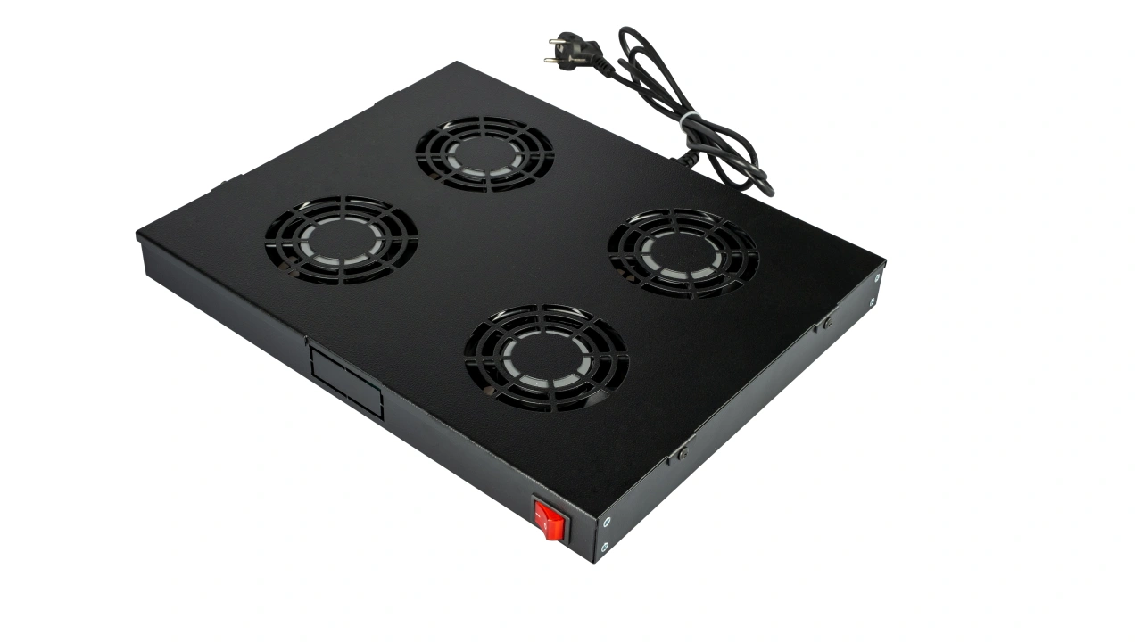 Placă 19" cu 4 ventilatoare, 1U, comutator, negru RAL 9005