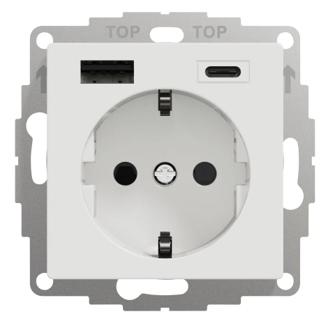 Priză Schuko cu USB Tip A+C, 2,4A, alb-pur