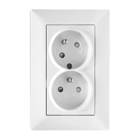 Priză dublă 16A cu pin PE rotit 45°, cleme elastice, alb