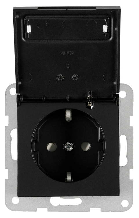 Socket outlet, flap cover, labeling field, cage clam, black