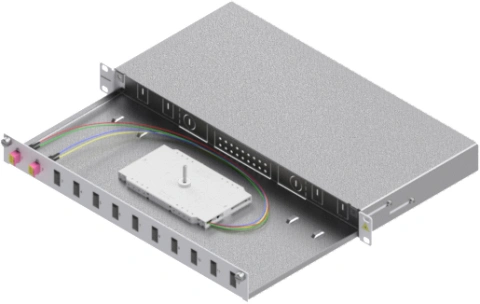 Splicebox, 4 fibre,LC,50/125µm OM4, culisant,19",1UV