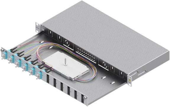 Splicebox, 12 fibre,SC,50/125µm OM3, culisant,19",1UV