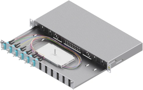 Splicebox, 12 fibre,SC,50/125µm OM3, culisant,19",1UV