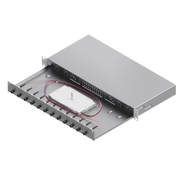 Splicebox, 12 fibre,ST,50/125µm OM3, culisant,19",1UV