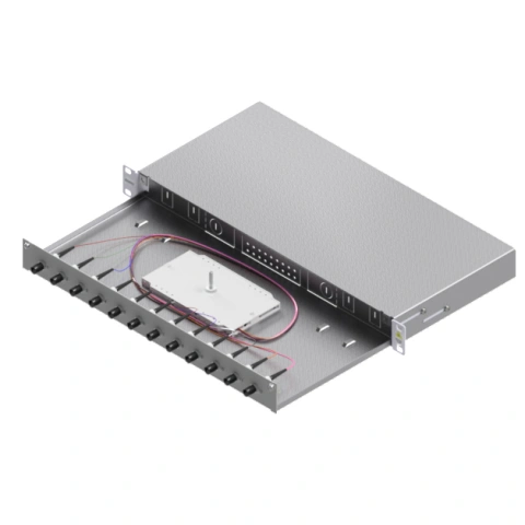 Splicebox, 12 fibre,ST,50/125µm OM3, culisant,19",1UV