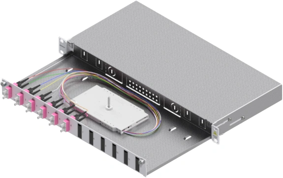 Splicebox, 12 fibre,SC,50/125µm OM4, culisant,19",1UV