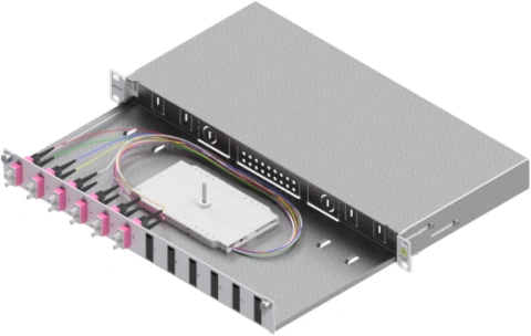 Splicebox, 12 fibre,SC,50/125µm OM4, culisant,19",1UV