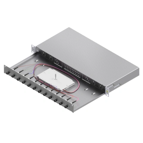 Splicebox, 12 fibre,ST,50/125µm OM2, culisant,19",1UV