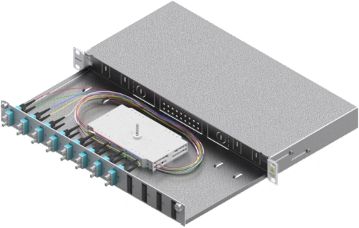 Splicebox, 16 fibre,SC,50/125µm OM3, culisant,19",1UV