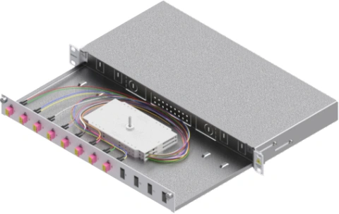 Splicebox, 16 fibre,LC,50/125µm OM4, culisant,19",1UV