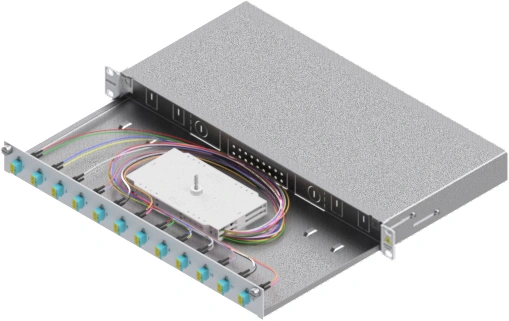 Splicebox, 24 fibre,LC,50/125µm OM3, culisant,19",1UV