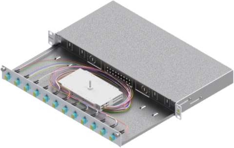 Splicebox, 24 fibre,LC,50/125µm OM3, culisant,19",1UV