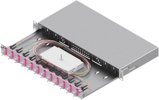 Splicebox, 24 fibre,SC,50/125µm OM4, culisant,19",1UV
