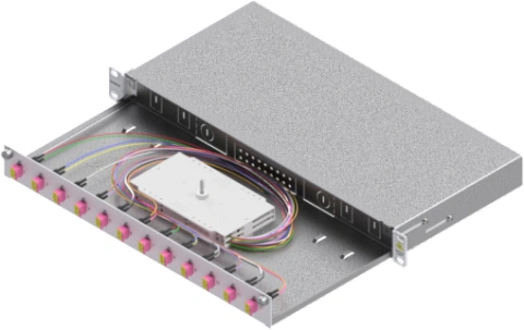 Splicebox, 24 fibre,LC,50/125µm OM4, culisant,19",1UV