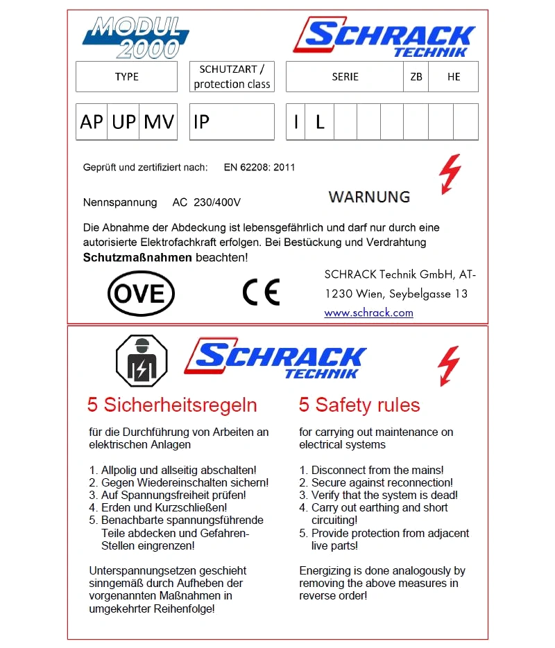 Type label Modul 2000 with the 5 safety rules