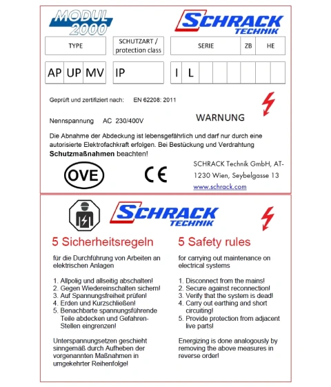 Type label Modul 2000 with the 5 safety rules