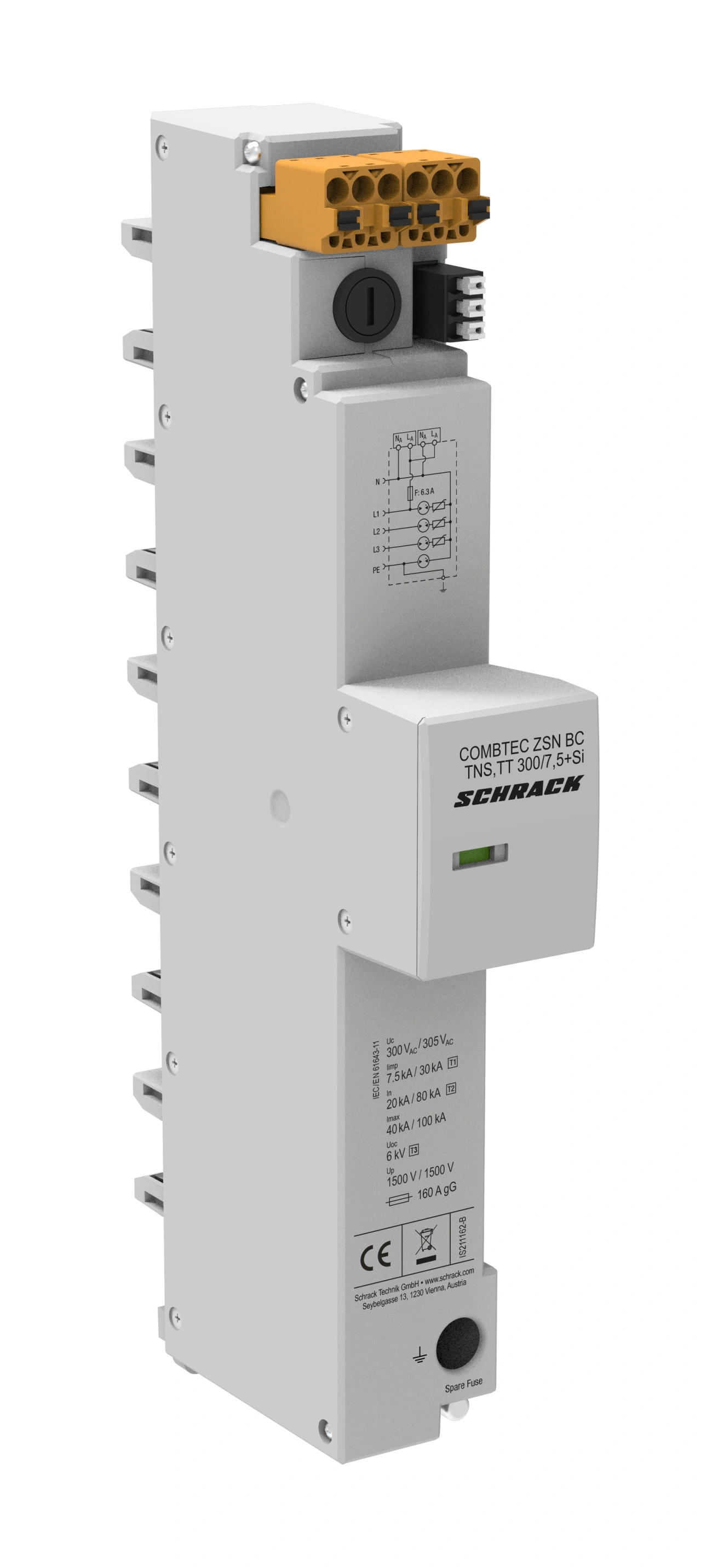 Surge arrester, 3+1 TT, Cl. I+II+III, 300V / 7.5kA + fuse