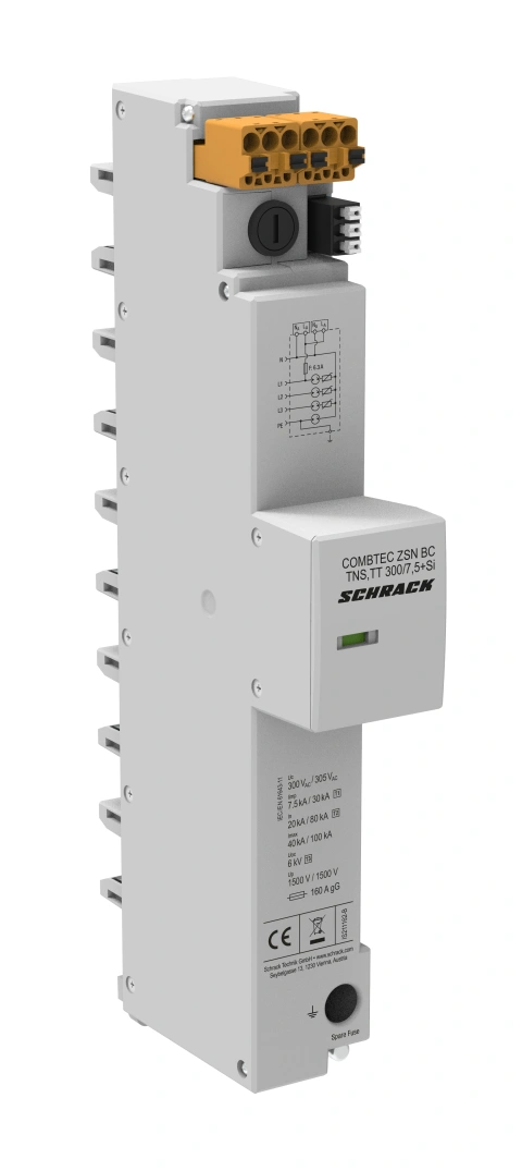 Surge arrester, 3+1 TT, Cl. I+II+III, 300V / 7.5kA + fuse