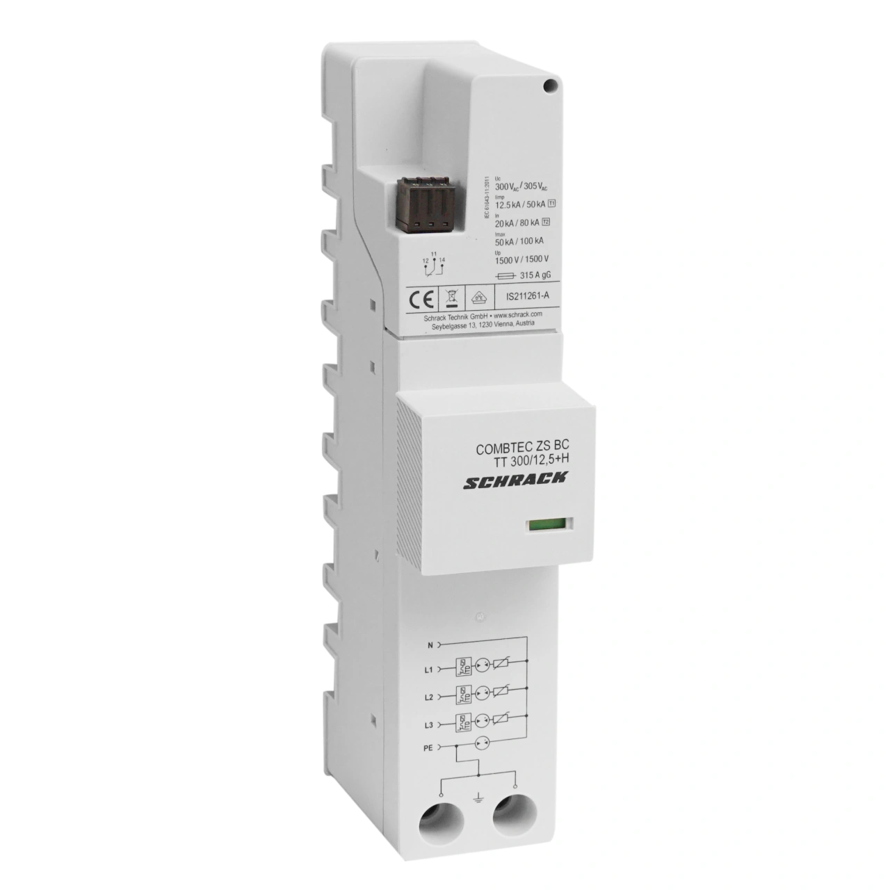 Surge arrester, 3+1 TT,Class I+II+III,300V,12.5kA+RC