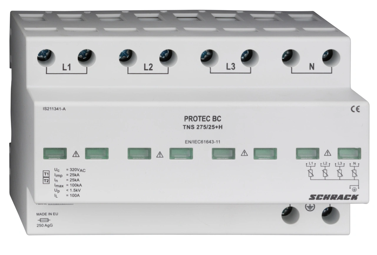 Descărcător PROTEC, T1+T2 (B+C), TN-S, Uc= 275Vac/Iimp=25kA