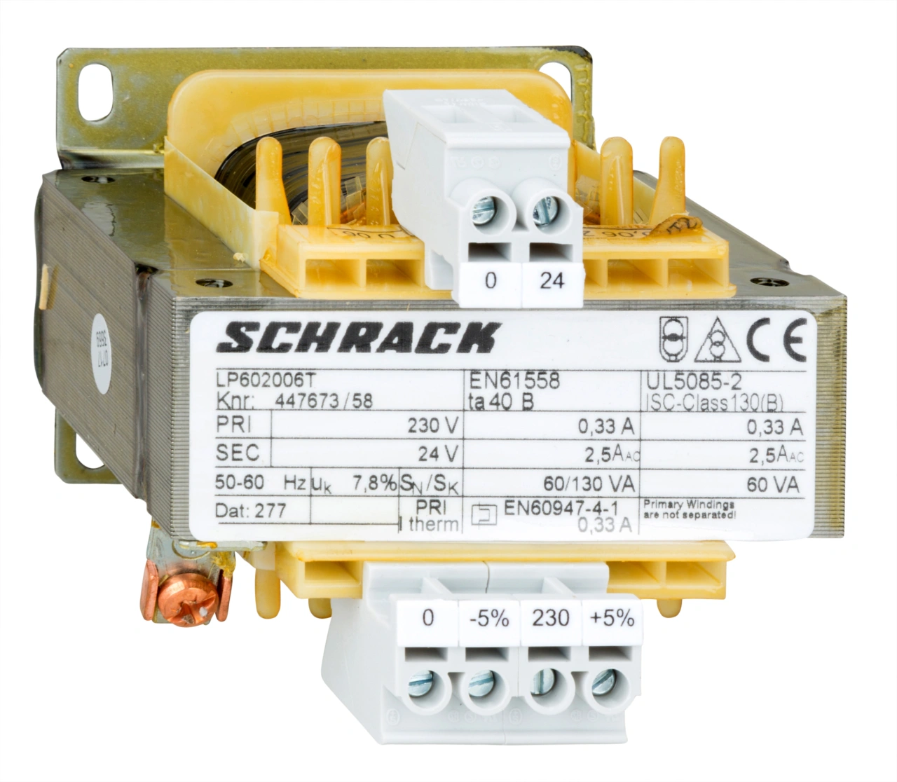Transformator de comandă monofazat, 230V/24V, 60 VA, IP00