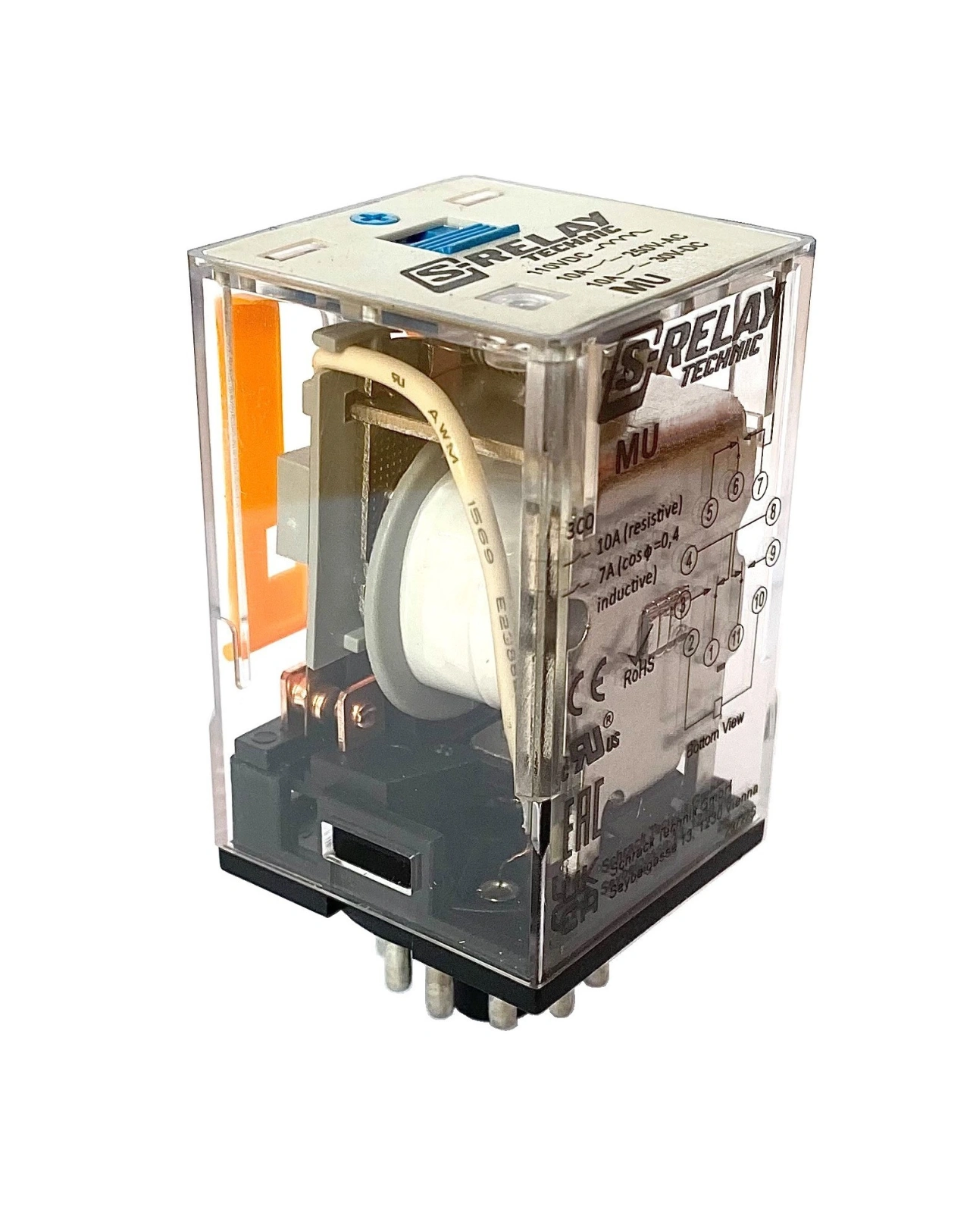 Releu broşabil, 11 pini, 3 CC, 24V c.c., 10A