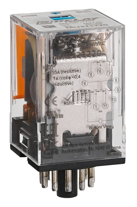 Releu broşabil, 11 pini, 3 CC, 220V c.c., 10A