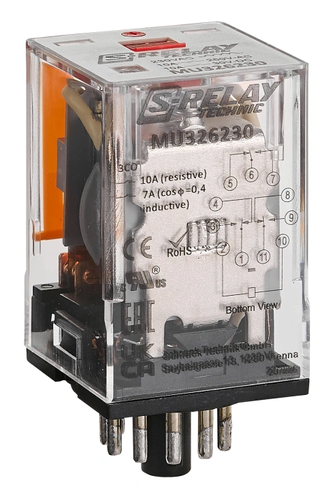 Releu broşabil, 11 pini, 3 CC, 230V c.a., 10A