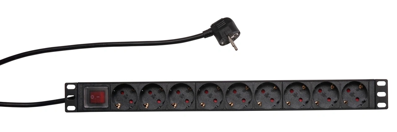 PDU 9x Schuko, 19", 1U, cablu 2m,comutator on/off negru,ALU
