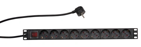 PDU 9x Schuko, 19", 1U, cablu 2m,comutator on/off negru,ALU