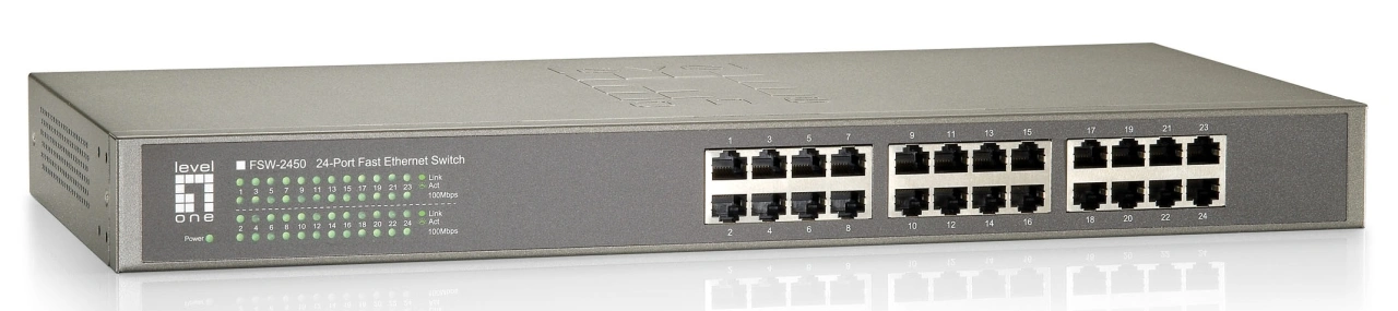 Switch 24xRJ45 10/100,silențios,f.vent,alim.int.,metal,19"