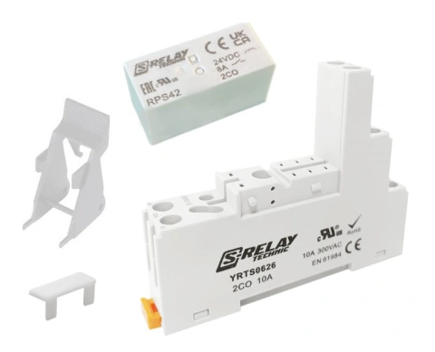 SET: PCB Relay, 2 CO, 8A, 24VDC, 5mm/Socket/Retaining clip