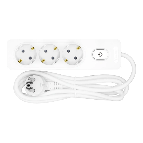 Prelungitor cu 3 prize, 1,5m cablu, buton, alb