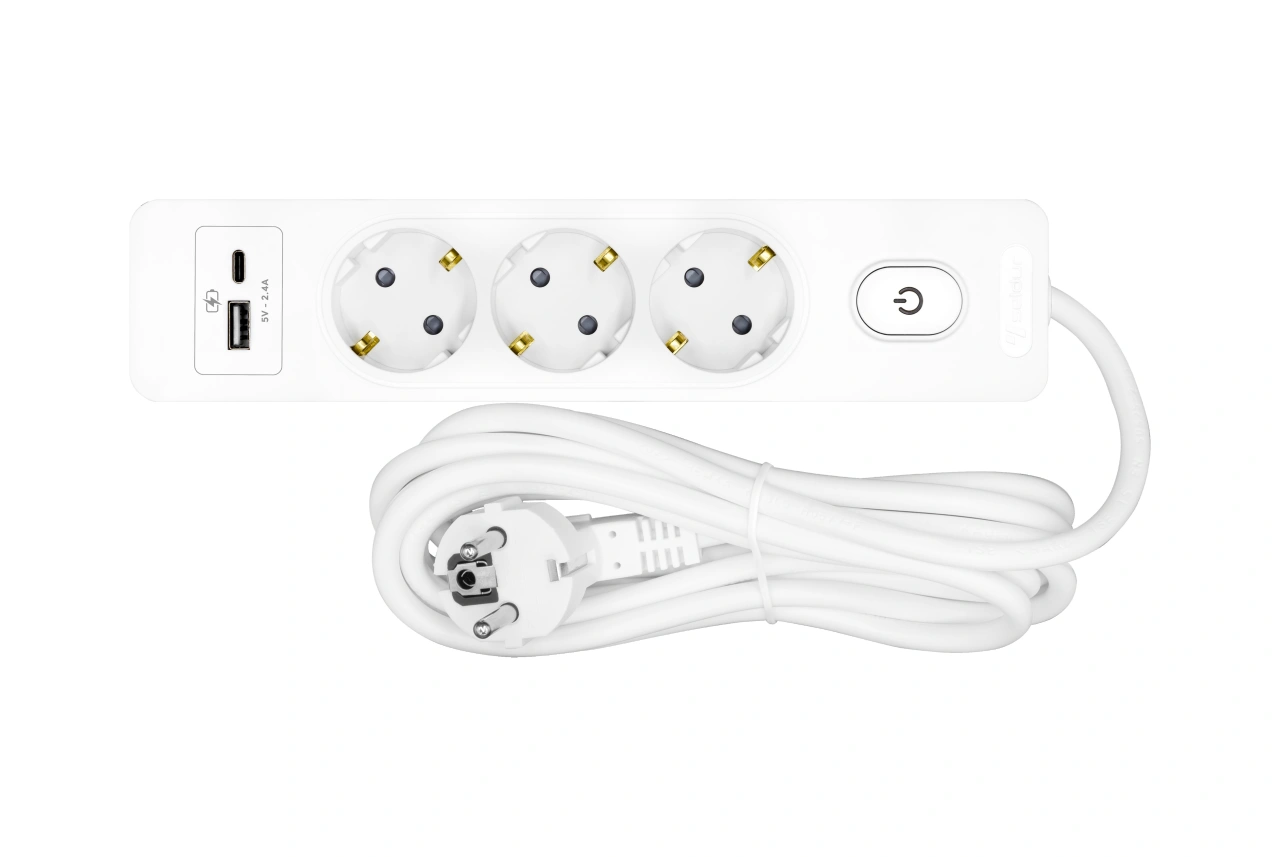 Prelungitor cu 3 prize, cu cablu de 5m, USB A+C, Buton, alb