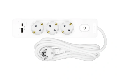 Prelungitor cu 3 prize, cu cablu de 5m, USB A+C, Buton, alb