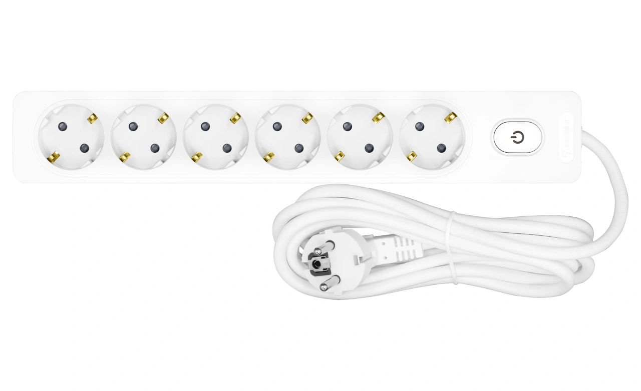 Prelungitor cu 6 prize, 5m cablu, buton, alb
