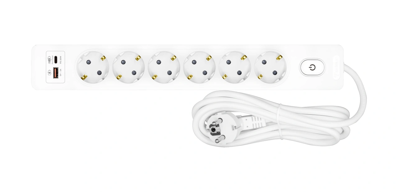 Prelungitor cu 6 prize, cablu de 5m, USB A+C PD, Buton, alb