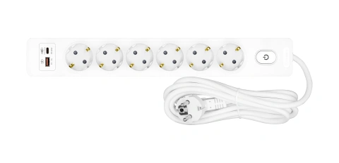 Prelungitor cu 6 prize, cablu de 5m, USB A+C PD, Buton, alb